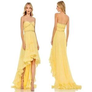 NWT MAC DUGGAL Beaded Strapless Chiffon High Low Evening Dress Lemon 68096 SZ 4